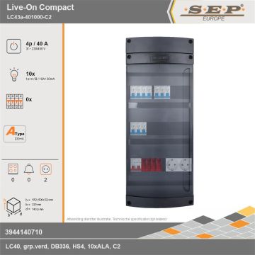 SEP Europe - Live-On Compact, LC43a-401000-C2, 40A, 3-fase groepenkast, 10-lichtgroepen,  2V-contactdoos, technische gegevens