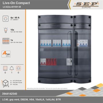 SEP Europe - Live-On Compact, LC422a-401001-B, 40A, 3-fase groepenkast, 10-lichtgroepen, 1-krachtgroepen, 1-beltrafo, technische gegevens