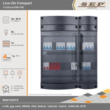 SEP Europe - Live-On Compact, LC422a-410901-FB, 40A, 3-fase groepenkast, 9-lichtgroepen, 1-krachtgroepen, 1-fornuisgroep, 1-beltrafo, technische gegevens
