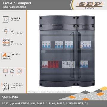 SEP Europe - Live-On Compact, LC422a-410901-FBC1, 40A, 3-fase groepenkast, 9-lichtgroepen, 1-krachtgroepen, 1-fornuisgroep, 1-beltrafo,  1V-contactdoos, technische gegevens