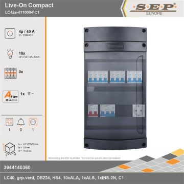 SEP Europe - Live-On Compact, LC42a-411000-FC1, 40A, 3-fase groepenkast, 10-lichtgroepen, 1-fornuisgroep,  1V-contactdoos, technische gegevens