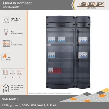 SEP Europe - Live-On Compact, LC433a-400902, 40A, 3-fase groepenkast, 9-lichtgroepen, 2-krachtgroepen, technische gegevens