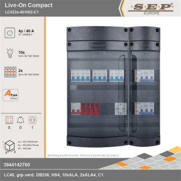 SEP Europe - Live-On Compact, LC422a-401002-C1, 40A, 3-fase groepenkast, 10-lichtgroepen, 2-krachtgroepen,  1V-contactdoos, technische gegevens