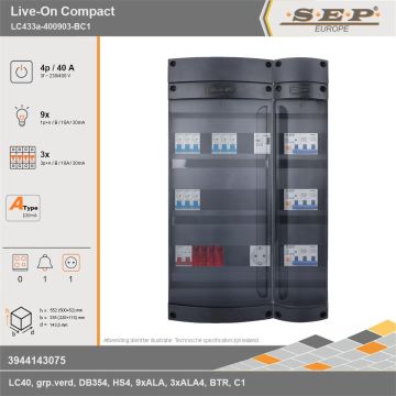 SEP Europe - Live-On Compact, LC433a-400903-BC1, 40A, 3-fase groepenkast, 9-lichtgroepen, 3-krachtgroepen, 1-beltrafo,  1V-contactdoos, technische gegevens