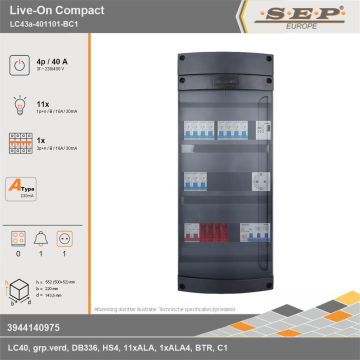 SEP Europe - Live-On Compact, LC43a-401101-BC1, 40A, 3-fase groepenkast, 11-lichtgroepen, 1-krachtgroepen, 1-beltrafo,  1V-contactdoos, technische gegevens