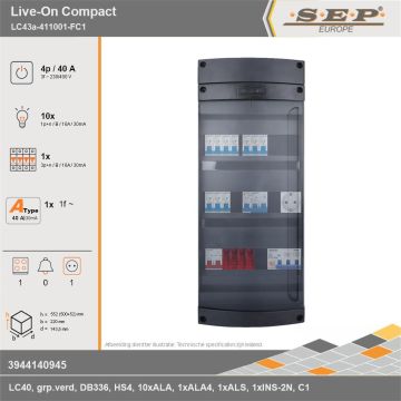 SEP Europe - Live-On Compact, LC43a-411001-FC1, 40A, 3-fase groepenkast, 10-lichtgroepen, 1-krachtgroepen, 1-fornuisgroep,  1V-contactdoos, technische gegevens