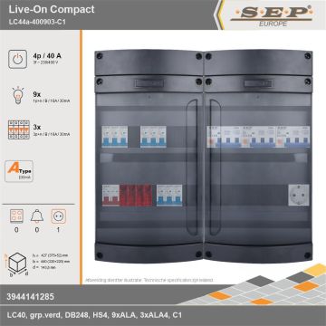 SEP Europe - Live-On Compact, LC44a-400903-C1, 40A, 3-fase groepenkast, 9-lichtgroepen, 3-krachtgroepen,  1V-contactdoos, technische gegevens