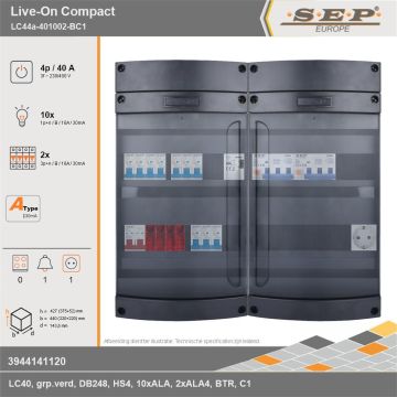 SEP Europe - Live-On Compact, LC44a-401002-BC1, 40A, 3-fase groepenkast, 10-lichtgroepen, 2-krachtgroepen, 1-beltrafo,  1V-contactdoos, technische gegevens