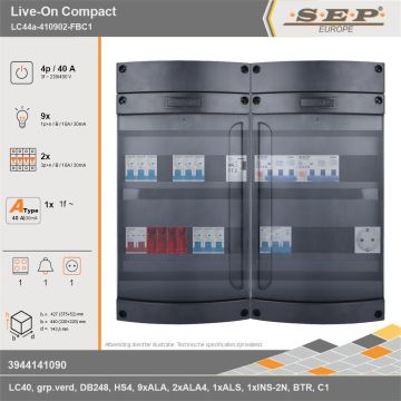 SEP Europe - Live-On Compact, LC44a-410902-FBC1, 40A, 3-fase groepenkast, 9-lichtgroepen, 2-krachtgroepen, 1-fornuisgroep, 1-beltrafo,  1V-contactdoos, technische gegevens