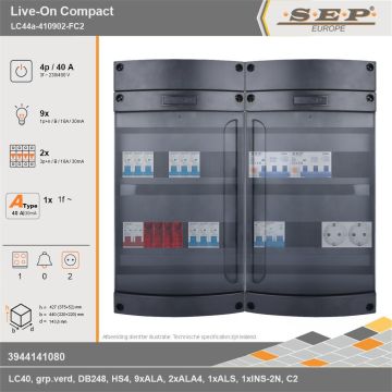 SEP Europe - Live-On Compact, LC44a-410902-FC2, 40A, 3-fase groepenkast, 9-lichtgroepen, 2-krachtgroepen, 1-fornuisgroep,  2V-contactdoos, technische gegevens