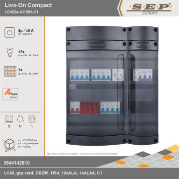 SEP Europe - Live-On Compact, LC422a-401201-C1, 40A, 3-fase groepenkast, 12-lichtgroepen, 1-krachtgroepen,  1V-contactdoos, technische gegevens