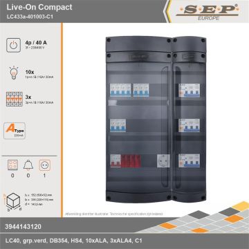 SEP Europe - Live-On Compact, LC433a-401003-C1, 40A, 3-fase groepenkast, 10-lichtgroepen, 3-krachtgroepen,  1V-contactdoos, technische gegevens