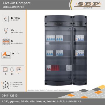 SEP Europe - Live-On Compact, LC433a-411002-FC1, 40A, 3-fase groepenkast, 10-lichtgroepen, 2-krachtgroepen, 1-fornuisgroep,  1V-contactdoos, technische gegevens