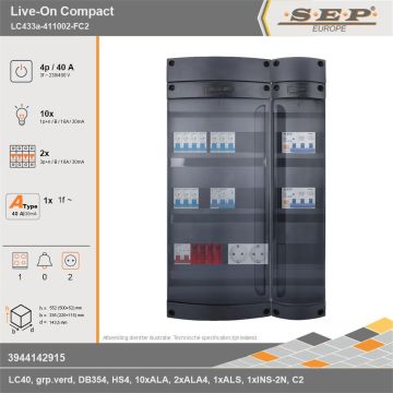 SEP Europe - Live-On Compact, LC433a-411002-FC2, 40A, 3-fase groepenkast, 10-lichtgroepen, 2-krachtgroepen, 1-fornuisgroep,  2V-contactdoos, technische gegevens