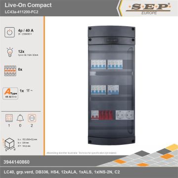 SEP Europe - Live-On Compact, LC43a-411200-FC2, 40A, 3-fase groepenkast, 12-lichtgroepen, 1-fornuisgroep,  2V-contactdoos, technische gegevens