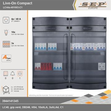 SEP Europe - Live-On Compact, LC44a-401003-C1, 40A, 3-fase groepenkast, 10-lichtgroepen, 3-krachtgroepen,  1V-contactdoos, technische gegevens