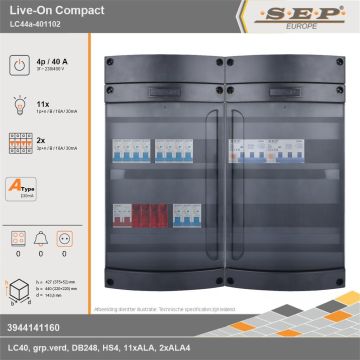SEP Europe - Live-On Compact, LC44a-401102, 40A, 3-fase groepenkast, 11-lichtgroepen, 2-krachtgroepen, technische gegevens