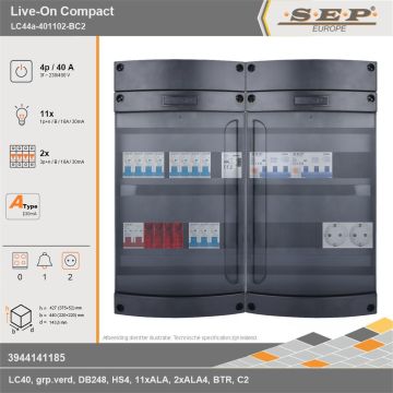 SEP Europe - Live-On Compact, LC44a-401102-BC2, 40A, 3-fase groepenkast, 11-lichtgroepen, 2-krachtgroepen, 1-beltrafo,  2V-contactdoos, technische gegevens