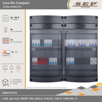 SEP Europe - Live-On Compact, LC44a-410903-FC1, 40A, 3-fase groepenkast, 9-lichtgroepen, 3-krachtgroepen, 1-fornuisgroep,  1V-contactdoos, technische gegevens