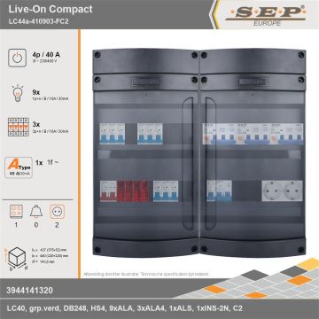 SEP Europe - Live-On Compact, LC44a-410903-FC2, 40A, 3-fase groepenkast, 9-lichtgroepen, 3-krachtgroepen, 1-fornuisgroep,  2V-contactdoos, technische gegevens
