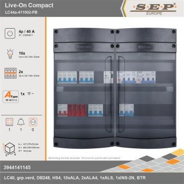 SEP Europe - Live-On Compact, LC44a-411002-FB, 40A, 3-fase groepenkast, 10-lichtgroepen, 2-krachtgroepen, 1-fornuisgroep, 1-beltrafo, technische gegevens