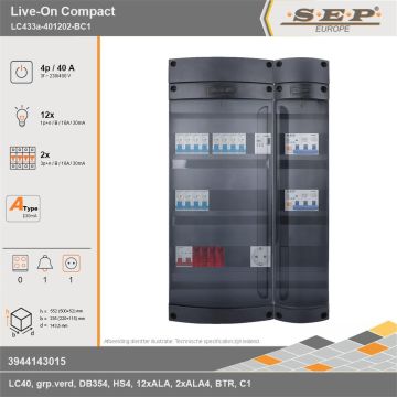 SEP Europe - Live-On Compact, LC433a-401202-BC1, 40A, 3-fase groepenkast, 12-lichtgroepen, 2-krachtgroepen, 1-beltrafo,  1V-contactdoos, technische gegevens