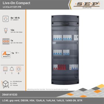SEP Europe - Live-On Compact, LC43a-411201-FB, 40A, 3-fase groepenkast, 12-lichtgroepen, 1-krachtgroepen, 1-fornuisgroep, 1-beltrafo, technische gegevens