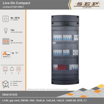 SEP Europe - Live-On Compact, LC43a-411201-FBC1, 40A, 3-fase groepenkast, 12-lichtgroepen, 1-krachtgroepen, 1-fornuisgroep, 1-beltrafo,  1V-contactdoos, technische gegevens