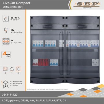 SEP Europe - Live-On Compact, LC44a-401103-BC1, 40A, 3-fase groepenkast, 11-lichtgroepen, 3-krachtgroepen, 1-beltrafo,  1V-contactdoos, technische gegevens