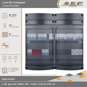 SEP Europe - Live-On Compact, LC44a-401103-BC2, 40A, 3-fase groepenkast, 11-lichtgroepen, 3-krachtgroepen, 1-beltrafo,  2V-contactdoos, technische gegevens