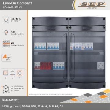 SEP Europe - Live-On Compact, LC44a-401202-C1, 40A, 3-fase groepenkast, 12-lichtgroepen, 2-krachtgroepen,  1V-contactdoos, technische gegevens