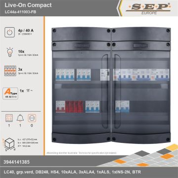 SEP Europe - Live-On Compact, LC44a-411003-FB, 40A, 3-fase groepenkast, 10-lichtgroepen, 3-krachtgroepen, 1-fornuisgroep, 1-beltrafo, technische gegevens