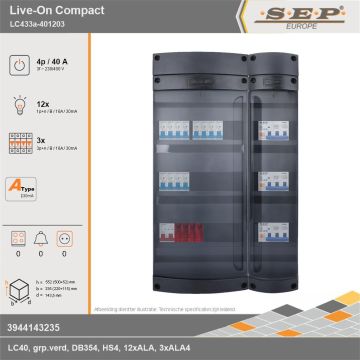 SEP Europe - Live-On Compact, LC433a-401203, 40A, 3-fase groepenkast, 12-lichtgroepen, 3-krachtgroepen, technische gegevens