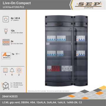 SEP Europe - Live-On Compact, LC433a-411202-FC2, 40A, 3-fase groepenkast, 12-lichtgroepen, 2-krachtgroepen, 1-fornuisgroep,  2V-contactdoos, technische gegevens