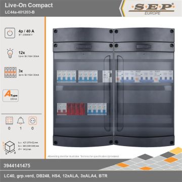 SEP Europe - Live-On Compact, LC44a-401203-B, 40A, 3-fase groepenkast, 12-lichtgroepen, 3-krachtgroepen, 1-beltrafo, technische gegevens