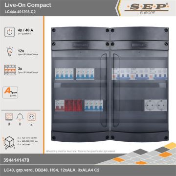 SEP Europe - Live-On Compact, LC44a-401203-C2, 40A, 3-fase groepenkast, 12-lichtgroepen, 3-krachtgroepen,  2V-contactdoos, technische gegevens