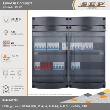 SEP Europe - Live-On Compact, LC44a-411202-FB, 40A, 3-fase groepenkast, 12-lichtgroepen, 2-krachtgroepen, 1-fornuisgroep, 1-beltrafo, technische gegevens