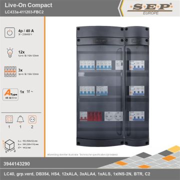 SEP Europe - Live-On Compact, LC433a-411203-FBC2, 40A, 3-fase groepenkast, 12-lichtgroepen, 3-krachtgroepen, 1-fornuisgroep, 1-beltrafo,  2V-contactdoos, technische gegevens