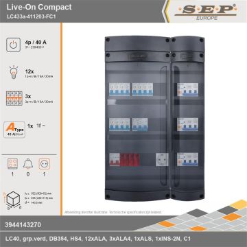 SEP Europe - Live-On Compact, LC433a-411203-FC1, 40A, 3-fase groepenkast, 12-lichtgroepen, 3-krachtgroepen, 1-fornuisgroep,  1V-contactdoos, technische gegevens