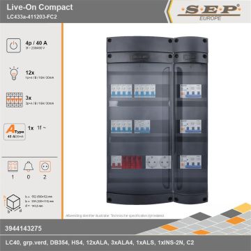 SEP Europe - Live-On Compact, LC433a-411203-FC2, 40A, 3-fase groepenkast, 12-lichtgroepen, 3-krachtgroepen, 1-fornuisgroep,  2V-contactdoos, technische gegevens