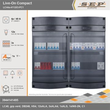 SEP Europe - Live-On Compact, LC44a-411203-FC1, 40A, 3-fase groepenkast, 12-lichtgroepen, 3-krachtgroepen, 1-fornuisgroep,  1V-contactdoos, technische gegevens
