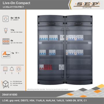 SEP Europe - Live-On Compact, LC46a-411104-FBC1, 40A, 3-fase groepenkast, 11-lichtgroepen, 4-krachtgroepen, 1-fornuisgroep, 1-beltrafo,  1V-contactdoos, technische gegevens