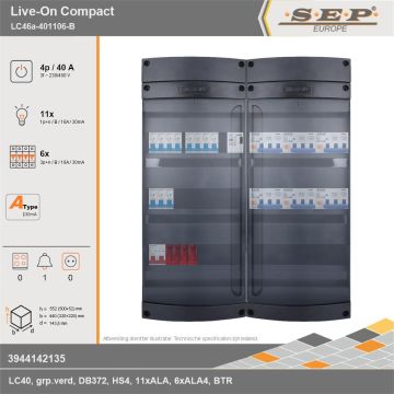 SEP Europe - Live-On Compact, LC46a-401106-B, 40A, 3-fase groepenkast, 11-lichtgroepen, 6-krachtgroepen, 1-beltrafo, technische gegevens