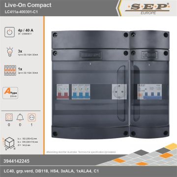 SEP Europe - Live-On Compact, LC411a-400301-C1, 40A, 3-fase groepenkast, 3-lichtgroepen, 1-krachtgroepen,  1V-contactdoos, technische gegevens