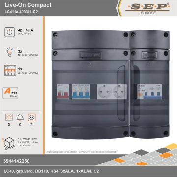 SEP Europe - Live-On Compact, LC411a-400301-C2, 40A, 3-fase groepenkast, 3-lichtgroepen, 1-krachtgroepen,  2V-contactdoos, technische gegevens