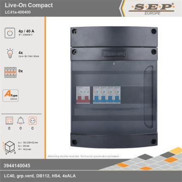 SEP Europe - Live-On Compact, LC41a-400400, 40A, 3-fase groepenkast, 4-lichtgroepen, technische gegevens