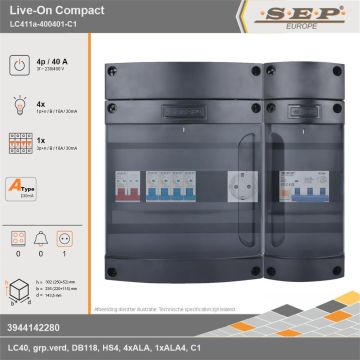 SEP Europe - Live-On Compact, LC411a-400401-C1, 40A, 3-fase groepenkast, 4-lichtgroepen, 1-krachtgroepen,  1V-contactdoos, technische gegevens