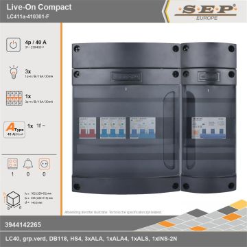 SEP Europe - Live-On Compact, LC411a-410301-F, 40A, 3-fase groepenkast, 3-lichtgroepen, 1-krachtgroepen, 1-fornuisgroep, technische gegevens