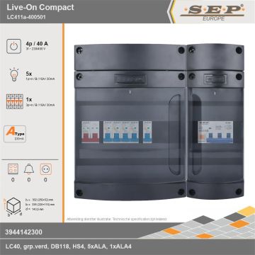 SEP Europe - Live-On Compact, LC411a-400501, 40A, 3-fase groepenkast, 5-lichtgroepen, 1-krachtgroepen, technische gegevens