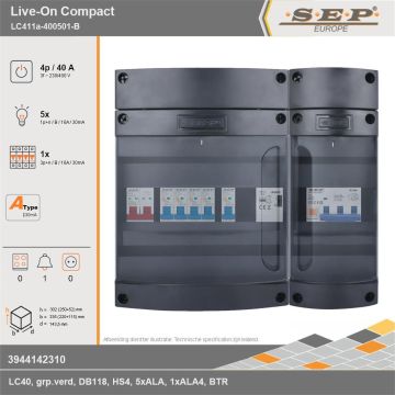 SEP Europe - Live-On Compact, LC411a-400501-B, 40A, 3-fase groepenkast, 5-lichtgroepen, 1-krachtgroepen, 1-beltrafo, technische gegevens